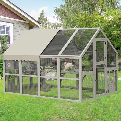 YITAHOME Extra Large Catio Outdoor Cat Enclosure, 110 Inch Outside Cattery with Weatherproof Roof, Scratcher Ramp, Cat Space Capsule Bed, 2 Bridges, 2 Resting Houses, 7 Solutions YITAHOME