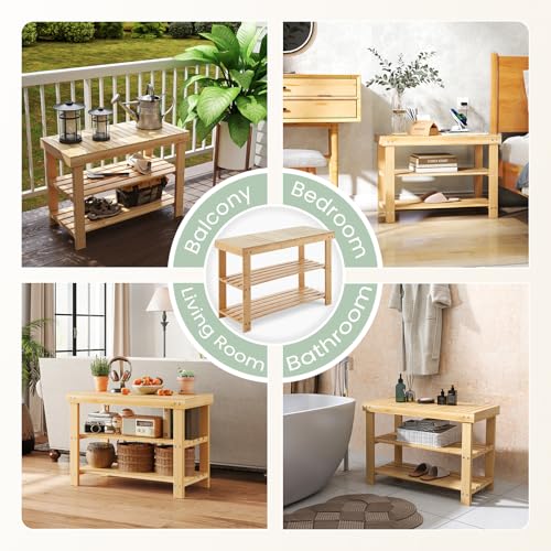 DUMOS Shoe Rack Bench, 3-Tier Bamboo Entryway Benches, Holds Up to 286 lb Storage Organizer, 11.22 x 27.6 x 18 Inches, Suitable for Bedroom Living Room Balcony, Classical Wood DUMOS