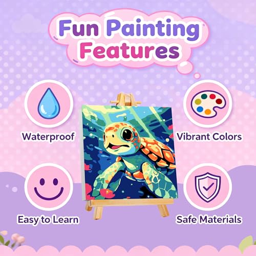 Gemozaic Sea Turtle Paint by Numbers Kit for Kids with Frame and Easel, Kids Paint by Number on Canvas for Age 4-8, 8x8 Inch Gemozaic
