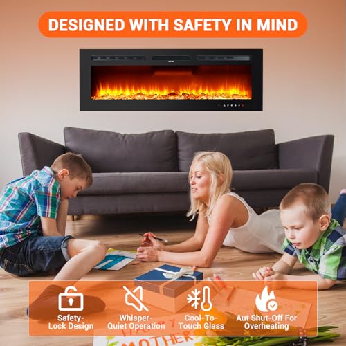 Takywep Electric Fireplace, 60 Inches, 5120 BTU Heat Output, 12 Flame Color, Black, Wall-Mounted or Recessed, Timer, Quiet Operation, Multicolor Flame, Faux Logs, Crystal Stones Takywep