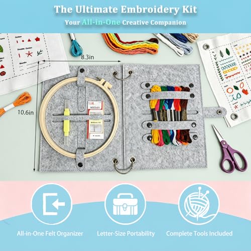 2026 Upgraded Embroidery Stitch Book Kit with 8.27"x10.65" Portable Loose-Leaf Cover, 103 Stitches & 60 Patterns, All-in-One Hand Embroidery Kit for Beginners with Tools & Step-by-Step Video Tutorials