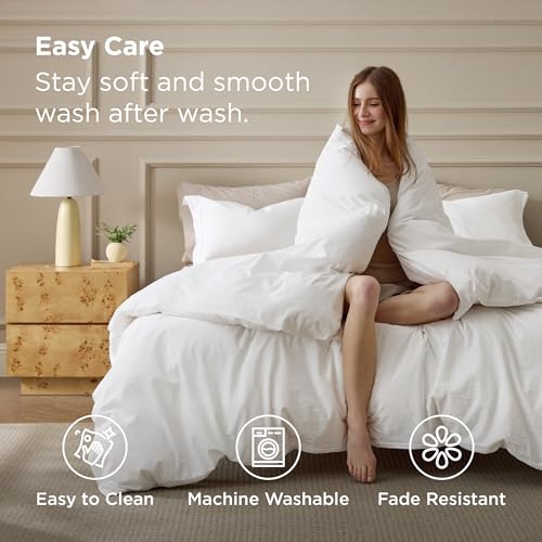 Bedsure 100% Washed Cotton Duvet Cover Queen Size - Natural White Minimalist Cotton Duvet Cover Linen Like for All Seasons - GentleSoft™ Plain Simple Bedding (Natural White, Queen, 90"x90") Bedsure