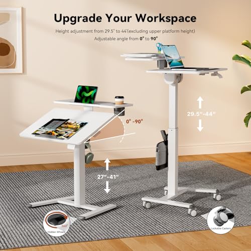 Liftsync 28Inch Mobile Standing Desk On Wheels, Rolling Laptop Stand with Tiltable Desktop, Small Computer Workstation Adjustable Height, 2-Tier Portable Study Table with Storage Shelves, White Liftsync
