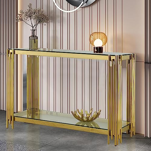 SSLine Modern Luxury Console Table Rectangular Glass Accent Entryway Table for Hallway Living Room, 2-Tier Storage, Gold Pipe Stainless Steel Frame Design SSLine