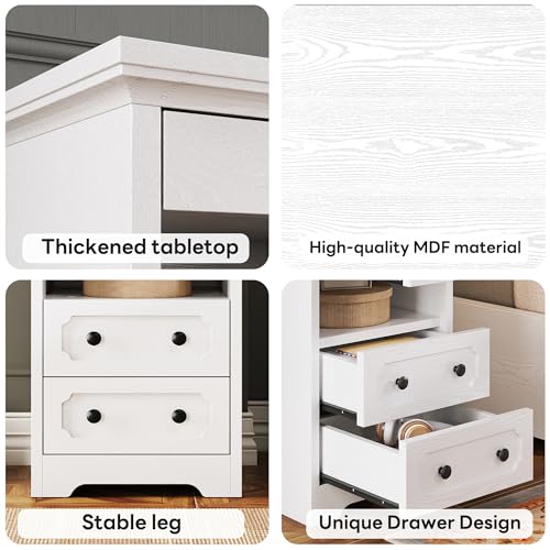 LIKIMIO Night Stand, Modern Bedside Table with 2 Drawers, Open Shelf, End Table with Pull-Out Tray, Wood SideTable, White LIKIMIO