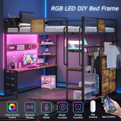 Dnxao Loft Bed with Desk Full Size,Full Size Bed Frame with 6 Storage Drawers, 2 Bedside Organizer,6 Movable Hooks,LED Lights & Charging Station,Safety Guardrail,No Box Spring Needed,Rustic Brown Dnxao