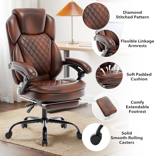 linting 400lbs Reclining Office Desk Chair with Footrest, Plus Size Comfortable Big Tall Brown Leather Recliner Office Chairs for Heavy People linting