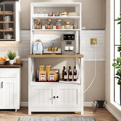 DWVO White Baker Rack with Power Outlet and Storage, Farmhouse Microwave Stand with Door for Kitchen, 5-Tiers Tall Coffee Bar Station Cabinet Thickened Counter with Hutch Shelves