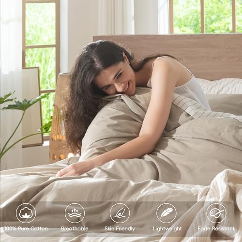 MooMee Bedding Duvet Cover Set 100% Washed Cotton Linen Like Textured Breathable Durable Soft Comfy (Heathered Tannish Linen Grey, Queen 90"x90") MooMee