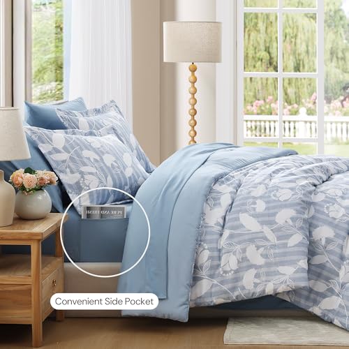 BLOOMHAVEN Queen Comforter Set -7 Pieces Blue Floral Comforter Set for All Seasons, Bed in a Bag Queen with Botanical Flowers Comforter, Sheets, Pillowcases & Shams BLOOMHAVEN