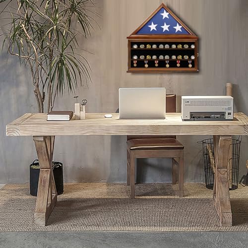 Zmiky Large Burial Flag & Military Challenge Coin Display Case Solid Wood Cabinet Fits a 5 X 9.5 Flag Folded Removable 2 Grooves Shelves and Lockable Zmiky