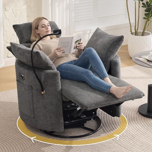 Power Recliner Chairs, 360° Swivel Rocking Chair Nursery with USB/Type-C & Phone Holder, Gilder Reclining Chair with Side Pocket for Adults, Barrel Recliners for Living Room, Chenille Dark Grey