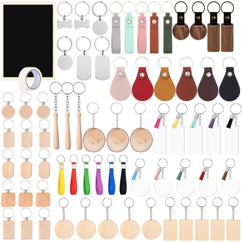Tondiamo 69 Pcs Laser Engraving Blanks Keychains Bulk Laser Engraver Accessories Keychain Blanks Including Wood, Stainless Steel, Acrylic, PU Leather, Silicone and Marking Paper Tape Tondiamo