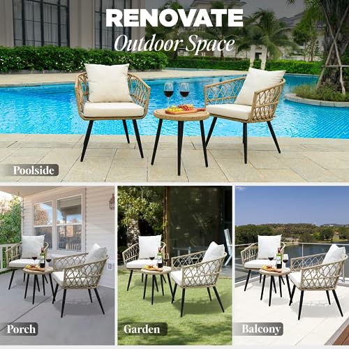 IDZO Heavy Duty 500lbs Weight Capacity Wicker Bistro Table and Chairs Set of 2 with Olefin Fabric Soft Cushions IDZO