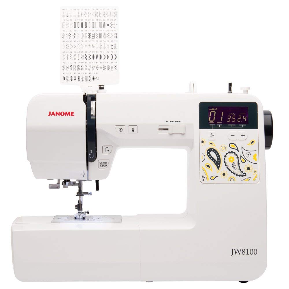 Janome JW8100 Fully-Featured Computerized Sewing Machine with 100 Stitches, 7 Buttonholes, Hard Cover, Extension Table and 22 Accessories Janome
