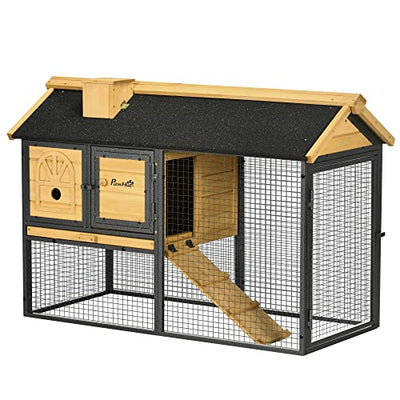 PawHut 47" Wooden Rabbit Hutch Outdoor with Run, Metal Frame, 2-Story Bunny Rabbit Cage with Removable Tray, Ramp, Bunny Hutch with Space-Saving Design
