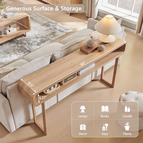 IFGET 63-Inch Long Console Table, 31.5" Tall Modern Entryway Table with Open Storage Shelf, Curved Profile Design, Narrow Wood Sofa Table Behind Couch Table for Living Room, Hallway,Foyer, Natural Oak IFGET