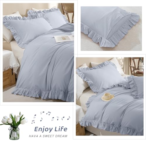 Sanracie Ruffled Bedding Comforter Sets King Size, Cotton Comforters Set 3Pcs for All Season Cornflower Blue Shabby Boho Chic Bedding French Country Farmhouse Rustic Aesthetic Bedroom Sets Sanracie