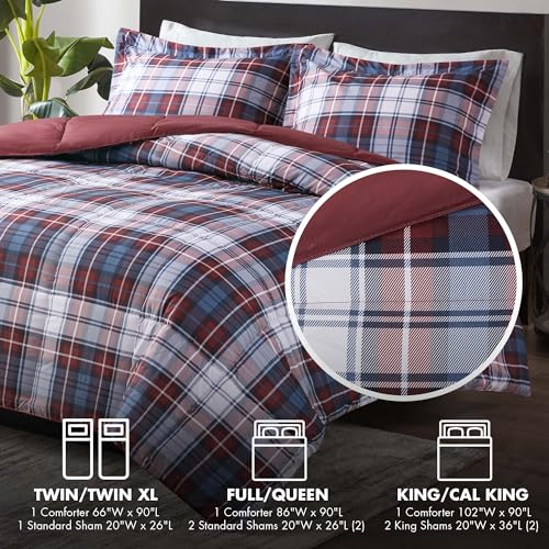 Madison Park Essentials Parkston Plaid Comforter, Matching Sham, 3M Scotchguard Stain Release Cover, Hypoallergenic All Season Bedding-Set, Twin/ Twin XL, Red, 2 Piece Madison Park