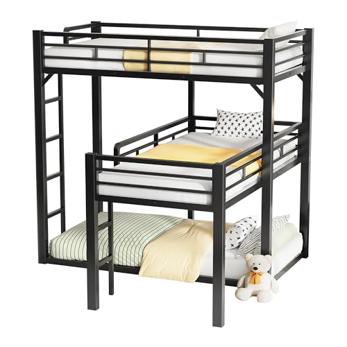 PVWIIK Heavy Duty L-Shaped Triple Bunk Bed for Kids Bedroom,Twin Over Twin Over Twin Metal Bunkbeds with Ladder & Safety Guardrail,Easy Assembly Metal Bed Frame, Black PVWIIK