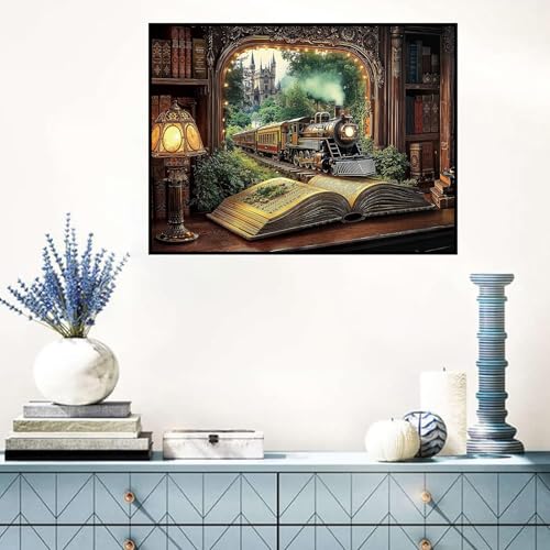 Benjenes Book Diamond Art Kits for Adults, Train Diamond Painting Kits for Adults, 5D DIY Round Drill Gem Art Paint with Diamonds Dots Crafts Kits for Home Decor Gift 16x12inch Benjenes