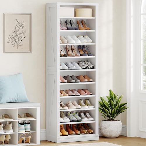 Hzuaneri Shoe Storage Cabinet, 10 Tiers Freestanding Shoe Cabinets, Wooden Shoes Rack with Cubby, 27-30 Pairs, Farmhouse Tall Shoes Cubby Organizer for Entryway, Living Room, White SR52603X Hzuaneri