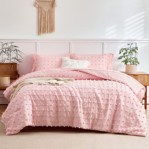 6 Pieces Tufted Dots Bed in a Bag Twin Comforter Set Girls Pink , Soft and Embroidery Shabby Chic Boho Bohemian Comforters, Luxury Solid Color with Pom Pom Design, Jacquard Tufts Bedding Set for Kids Flysheep