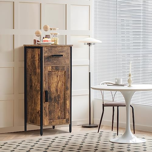 usikey Small Storage Cabinet, Narrow Cabinet with 1 Door and 1 Drawer, Industrial Side Cabinet with 2 Shelves, Nightstand, Small Cabinet for Living Room, Kitchen, Office, Brown usikey