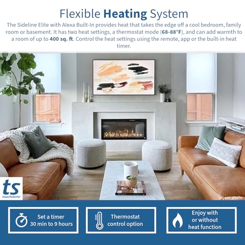 Touchstone Sideline Elite 50" Electric Fireplace with Alexa Built-in - in-Wall Recessed Design - 1500W Heater for Supplemental Warmth - 6 Flame & 10 Ember Bed Color Options - Smart Home Voice Control Touchstone