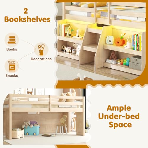 Giantex Low Loft Bed with LED Lights, Wooden Twin Loft Bed with Stairs & Safety Guardrail, Loft Bed Twin Size with Storage Bookcase and Under-Bed Play Space, Loft Bed for Kids (Natural) Giantex