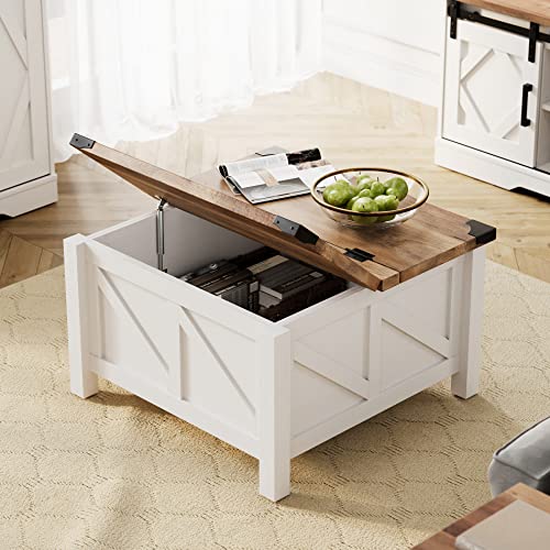 WAMPAT Modern Farmhouse Coffee Table, Square Wood Center Table with Gas Struts Lift-Top for Extra Large Hidden Storage, Metal Bracket Corner, Z-Shaped, White WAMPAT