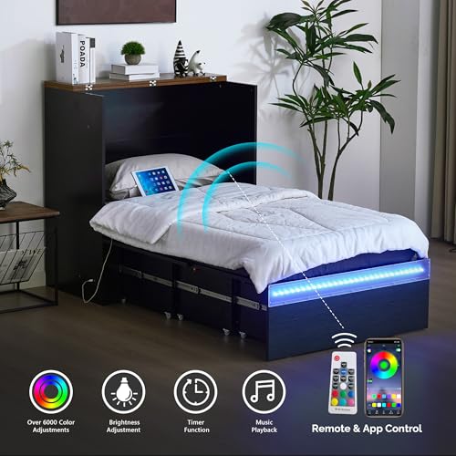 VINGLI Twin Size Murphy Bed with Storage Drawer,Smart LED Lighting & Built-in Charging Station, Space-Saving Cabinet Bed for Kids,Adults & Guests,Classic Black VINGLI