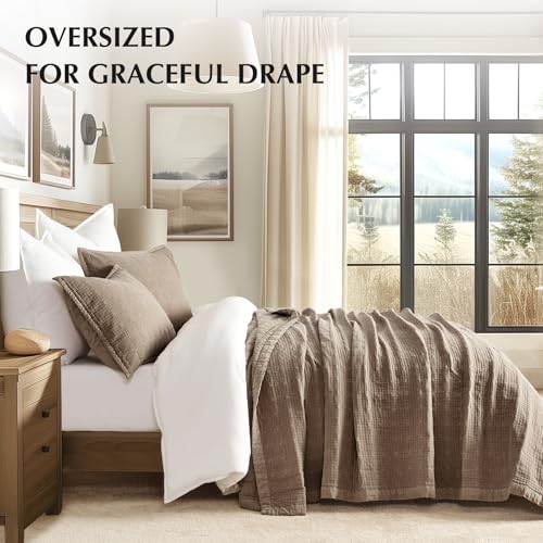 EVERGRACEHOME Stonewashed Cotton Quilt Set Full Queen Size, Ultra Soft Oversized Bedspread Coverlet Set, Lightweight Crinkle Box Stitch Bedding Sets for All Season, with 2 Shams, Mocha Brown EVERGRACEHOME
