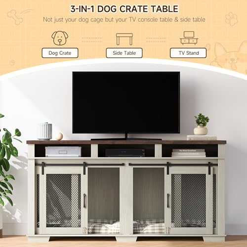 71" Dog Crate Furniture for 2 Dogs, Dog Kennel with 3 Storage Drawers & Removable Divider, Extra Large Double Dog Cage As TV Stand, Furniture Style Dog Crates with Sliding Barn Door STMHOM