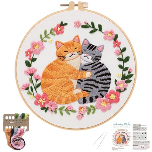 Nuberlic Cat Embroidery Kit for Beginners, DIY Cross Stitch Starter Kit Including Cloth with Pattern, Embroidery Hoop, Needles Instructions and Threads for Adults