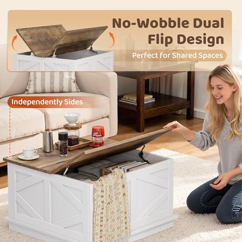 YESHOMY 31.5 inch Farmhouse Coffee Table, Coffee Tables for Living Room, Center Table with Flip-Top Lids, Large Storage Space (White) YESHOMY