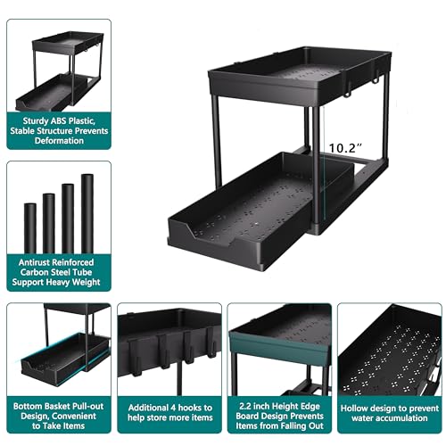 DEKAVA Under Sink Organizer 2 Pack, Bathroom Cabinet Organizer, 2 Tier Sliding Cabinet Basket Organizer Drawer, Multi-Purpose Bath Collection Baskets for Bathroom (Black) DEKAVA