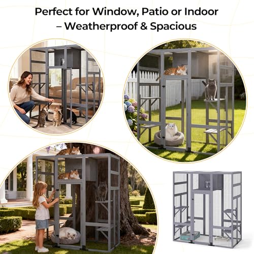 COZIWOW Large Outdoor Cat Cage with Insulated Cat House, 3-Tier Jump Platform, PVC Weatherproof Cover, Removable Cushion, DIY Art Back Door, Wooden Construction, Fits Big Cats, 62.6 x 32.3 x 70 Inches COZIWOW