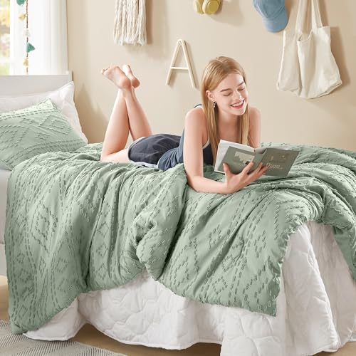 Comfort Spaces Twin/Twin XL Comforter Set for College Tufted Boho Dorm Comforter Set Twin XL Size, All Season Lightweight Bedding Set Soft, Matching Sham Sage Green 2 Piece Comfort Spaces