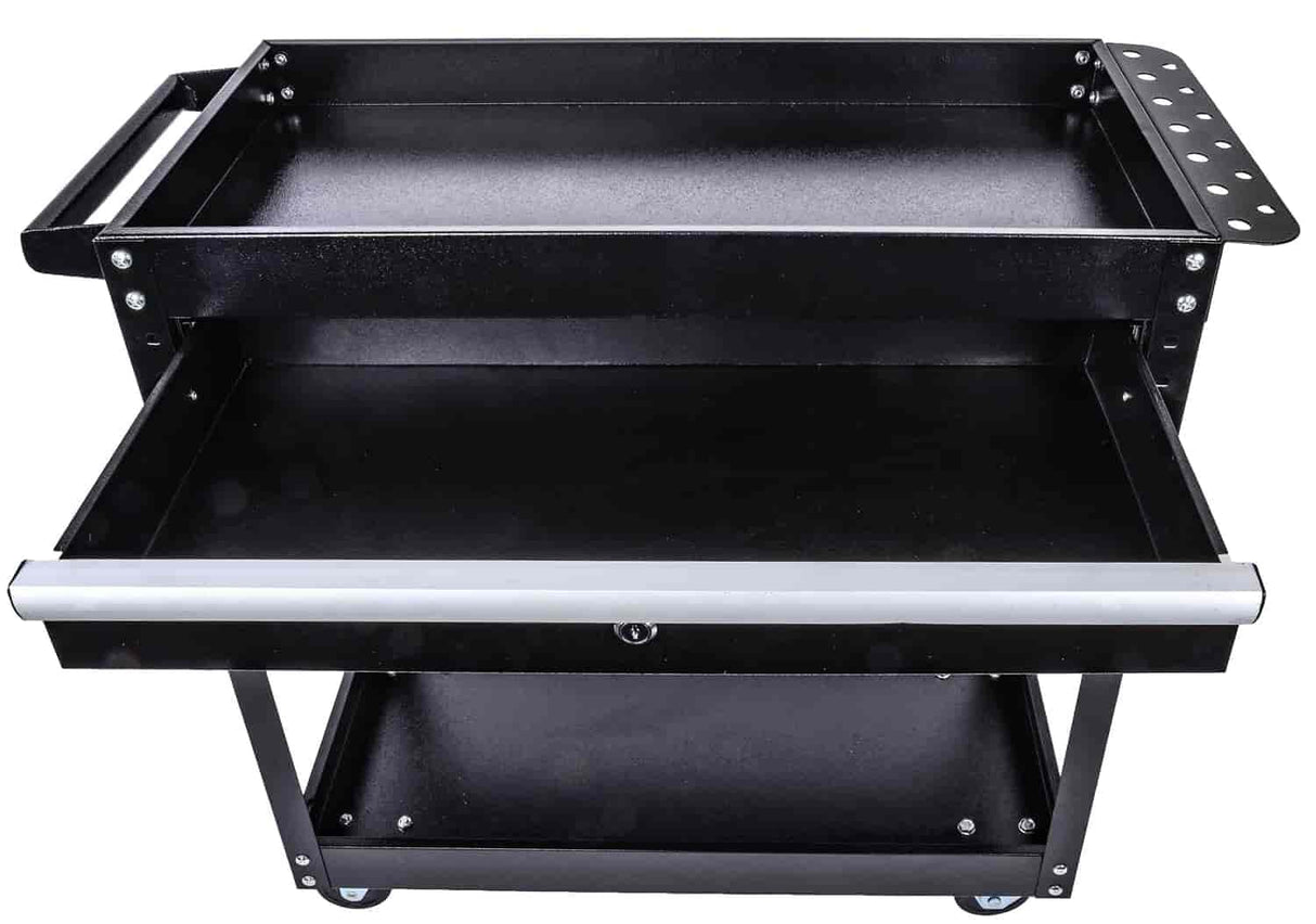 JEGS 3-Shelf Shop Cart | 200 LBS Capacity | Black Finish | 3 Shelves, 1 Locking Drawer, Tool Tray, 2 Swivel Caster Wheels, 2 Straight Caster Wheels JEGS