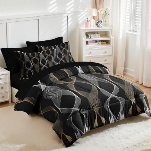Nesker 7 Pcs Comforter Set Queen Size, Striped Minimalist Bedding Set for Kids and Adults, White Golden Wave Bed Sheet Sets with Fitted Sheet 2 Pillowcases & 2 Shams Nesker