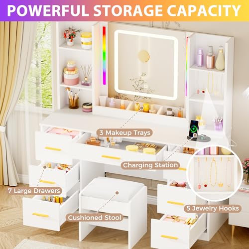 ANWBROAD Makeup Vanity Desk with Mirror and Lights 3 Colors Large Vanity Table with 7 Drawers & RGB Lights White Makeup Table with Charging Station 6 Storage Shelves Stool for Bedroom Women UBDT96W ANWBROAD