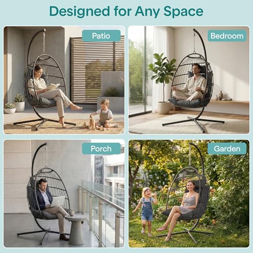 SereneLife Hanging Egg Chair with Stand - Wicker Rattan Outdoor Swing Chair, Powder-Coated Steel Frame, Padded Cushion & Headrest - Ideal Swinging Chair for Bedroom, Patio, Backyard - 350 lbs Load