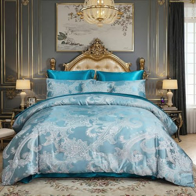 Jacquard Full Comforter Set Peacock Green Sheet Set Satin Bedding Set 8 Pcs Embroidery Neoclassical Floral Bed Home Decor Soft Down Comforter Luxury Hotel Silky Bed in a Bag with 1 Cushion Cover