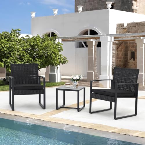 JOIVI 3 Pieces Patio Bistro Set, PE Wicker Outdoor Patio Furniture Set, Modern Rattan Patio Chairs with Coffee Table, Patio Conversation Sets for Balcony, Front Porch, Garden, Poolside, Black Cushions JOIVI