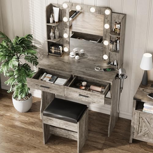 Vabches Vanity Desk with Mirror and Lights,Makeup Vanity Table with Charging Station,2 Drawer Bedroom Dressing Table with 3 Colors Modes Dimming & Cushioned Stool,Light Rustic Oak Vabches