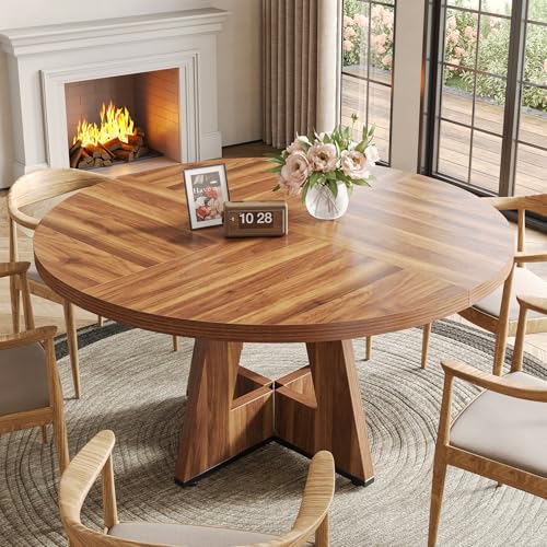 LITTLE TREE Round Dining Table for 4-6 People, 47 Inches Dining Room Table with Wooden Pedestal Base, Brown Dinner Tables, Circle Kitchen Tables for Dining Room, Kitchen, Living Room(Table Only) LITTLE TREE