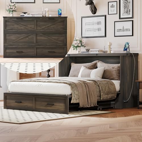 Queen Size Farmhouse Murphy Bed with Charging Station, Foldable Wood Wall Platform Bed Frame with Two Large Storage Drawers, Hideaway Bed for Small Bedroom, Study, Guest Room (Gray Wood, Queen)