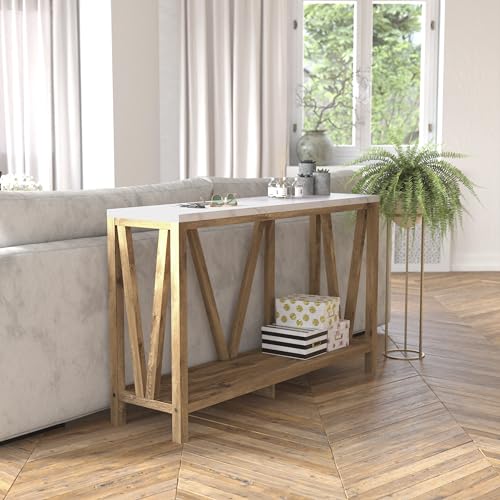 BizChair Farmhouse 2-Tier Console Table - Warm Oak Finish Engineered Wood Frame - Marble Finish Tabletop - for Entryway or Living Room BizChair