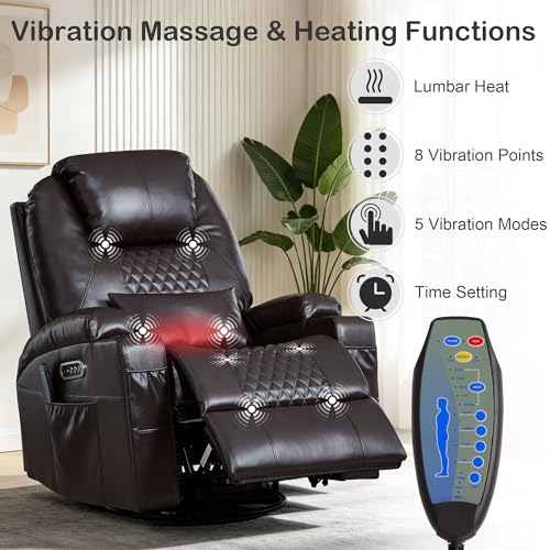 IBTKIG Power Swivel Rocker Recliner with Dual Motor, 240° Electric Glider Recliner with Heat & Massage, Rocking Chair Theater Seating with LED/Lumbar Pillow/USB Port/Cup Holders(Faux Leather Brown, 1)